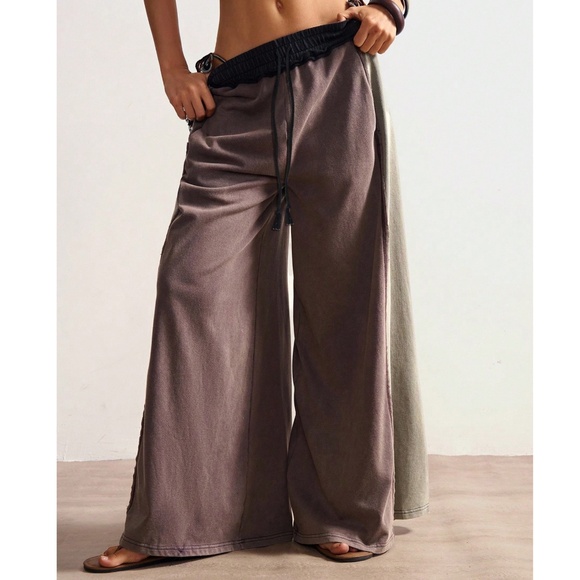 Solid Color Block Stretchy Waist Wide leg Lounge Pants - Picture 5 of 10
